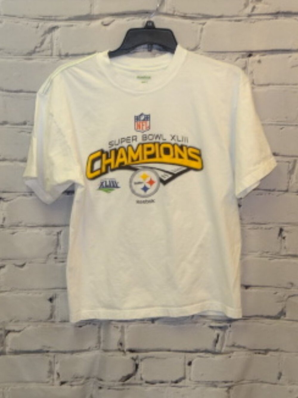 Reebok Super XLIII Champions Steelers Tee-Shirt, 100% Organic Cotton, Like New